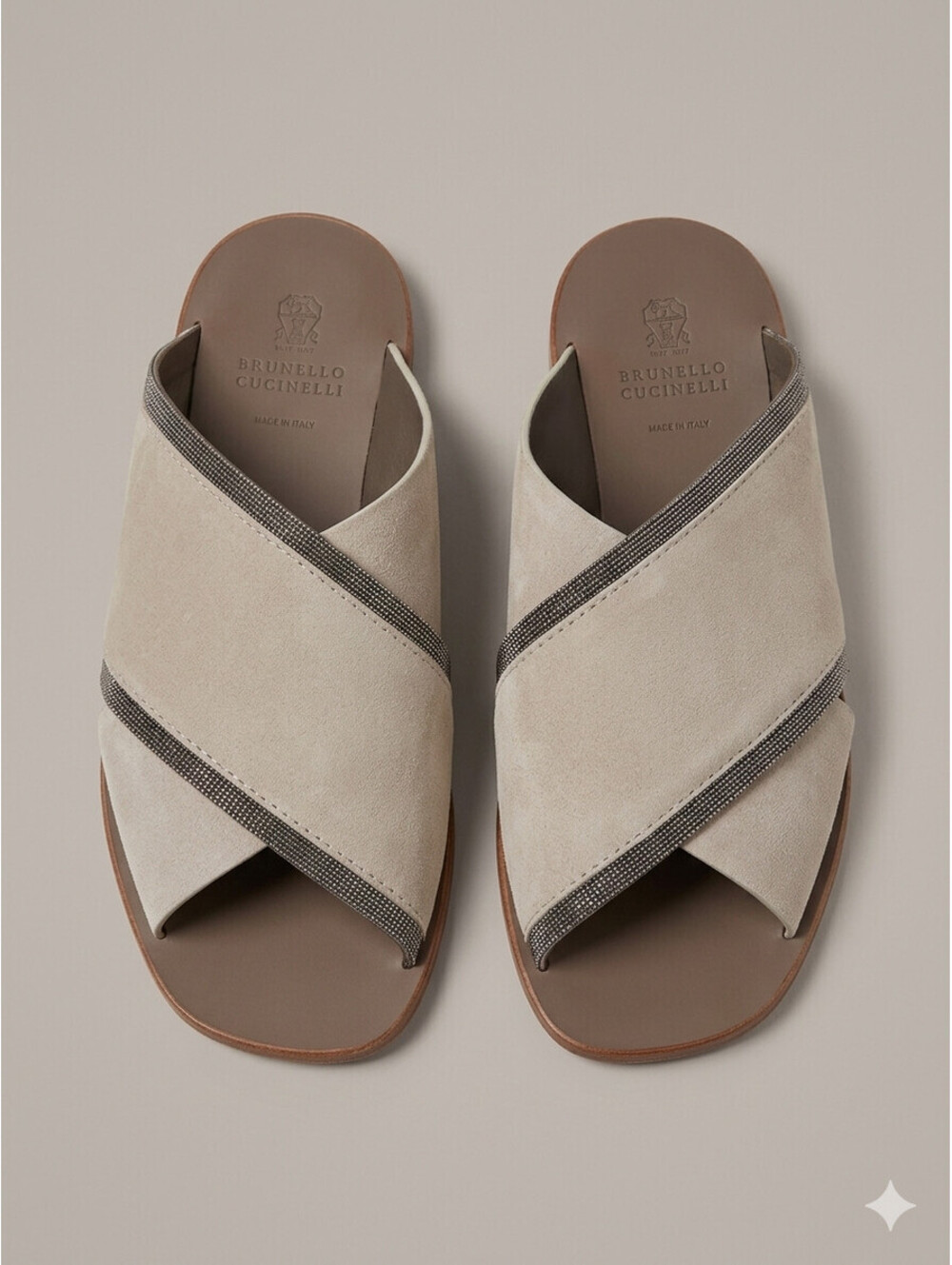 Brunello Cucinelli Suede Monili Beaded Crisscross Slide Sandals Beige Taupe 38.5